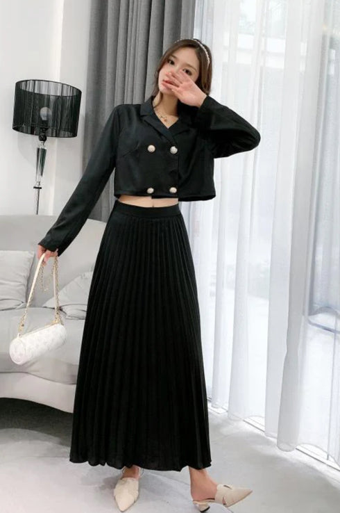 Women Classy Collar Down Crop Blazer With Pleated Long Skirts